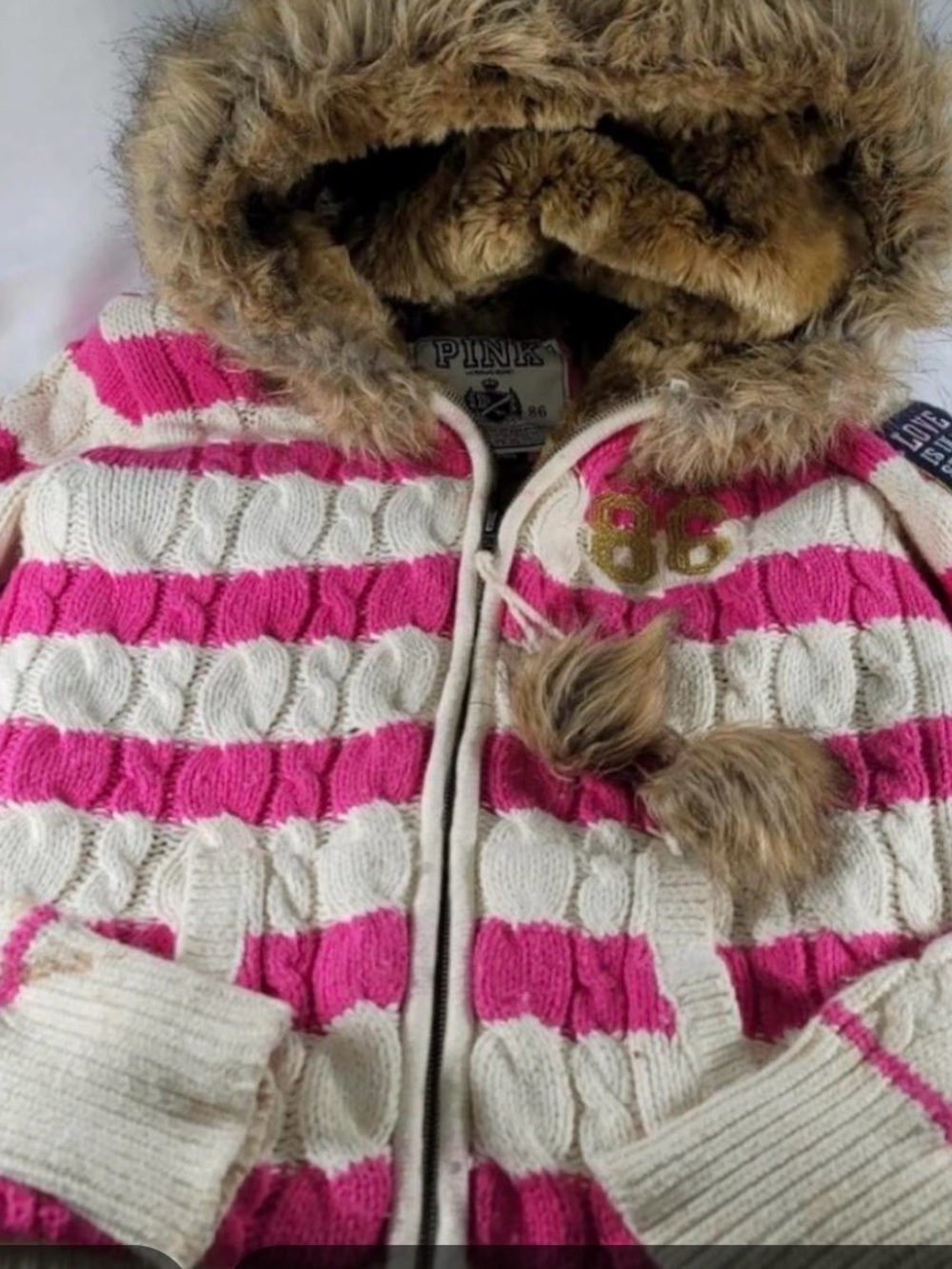 PINK Victoria's Secret women’s Striped Cable-Knit Hooded Jacket in Pink & Cream
